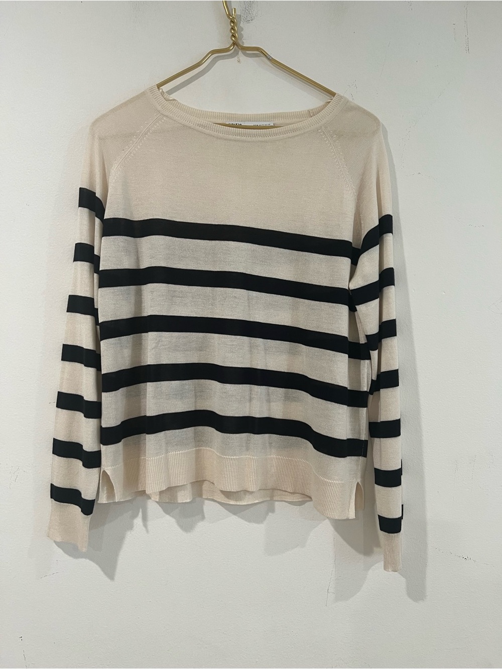 Zara Cream and Black Striped Crewneck Sweater M